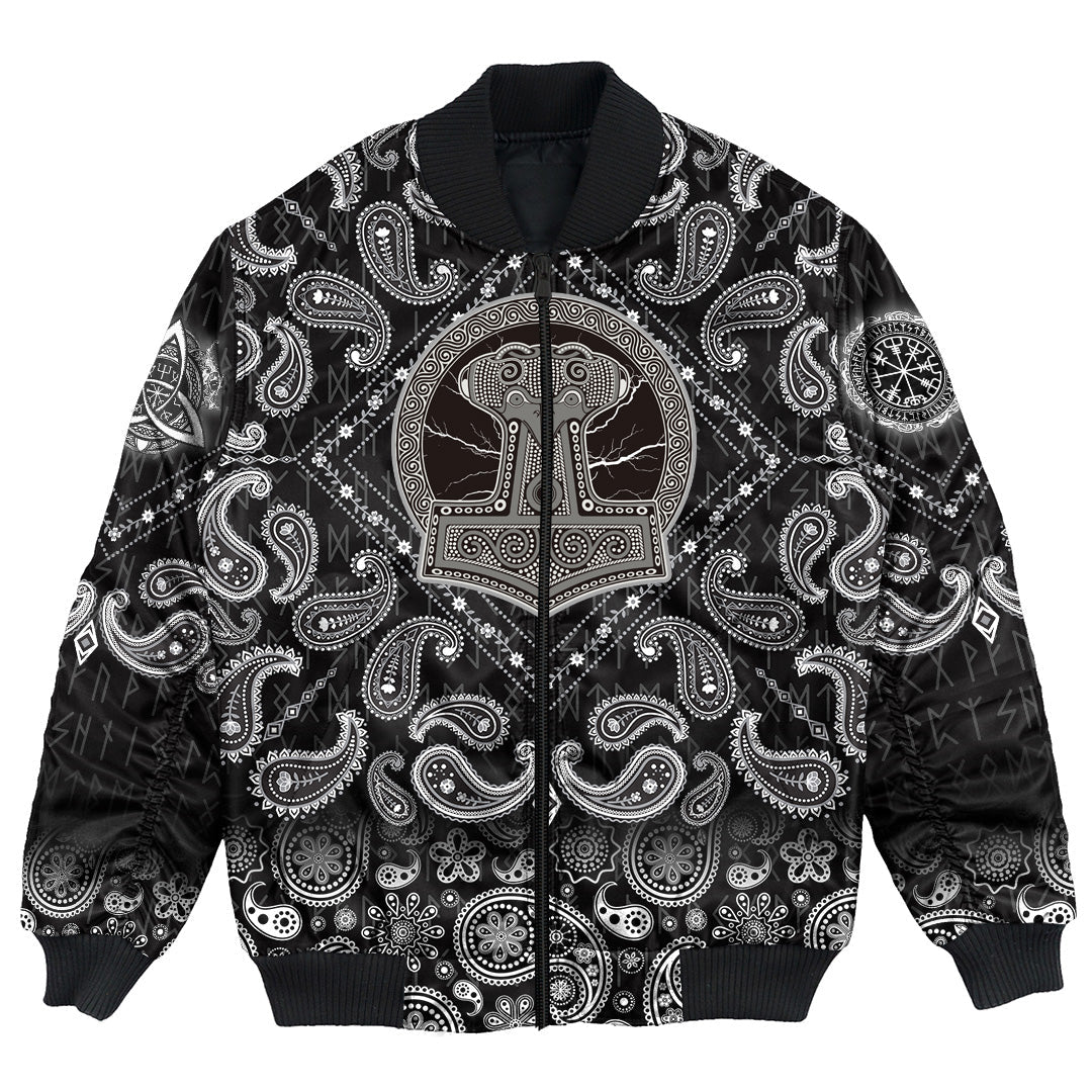 Viking Bomber Jacket Thors Hammer Mjollnir Against The Backdrop Of The Glittering Lightning with Bandana Paisley Style RLT12 - Wonder Print Shop