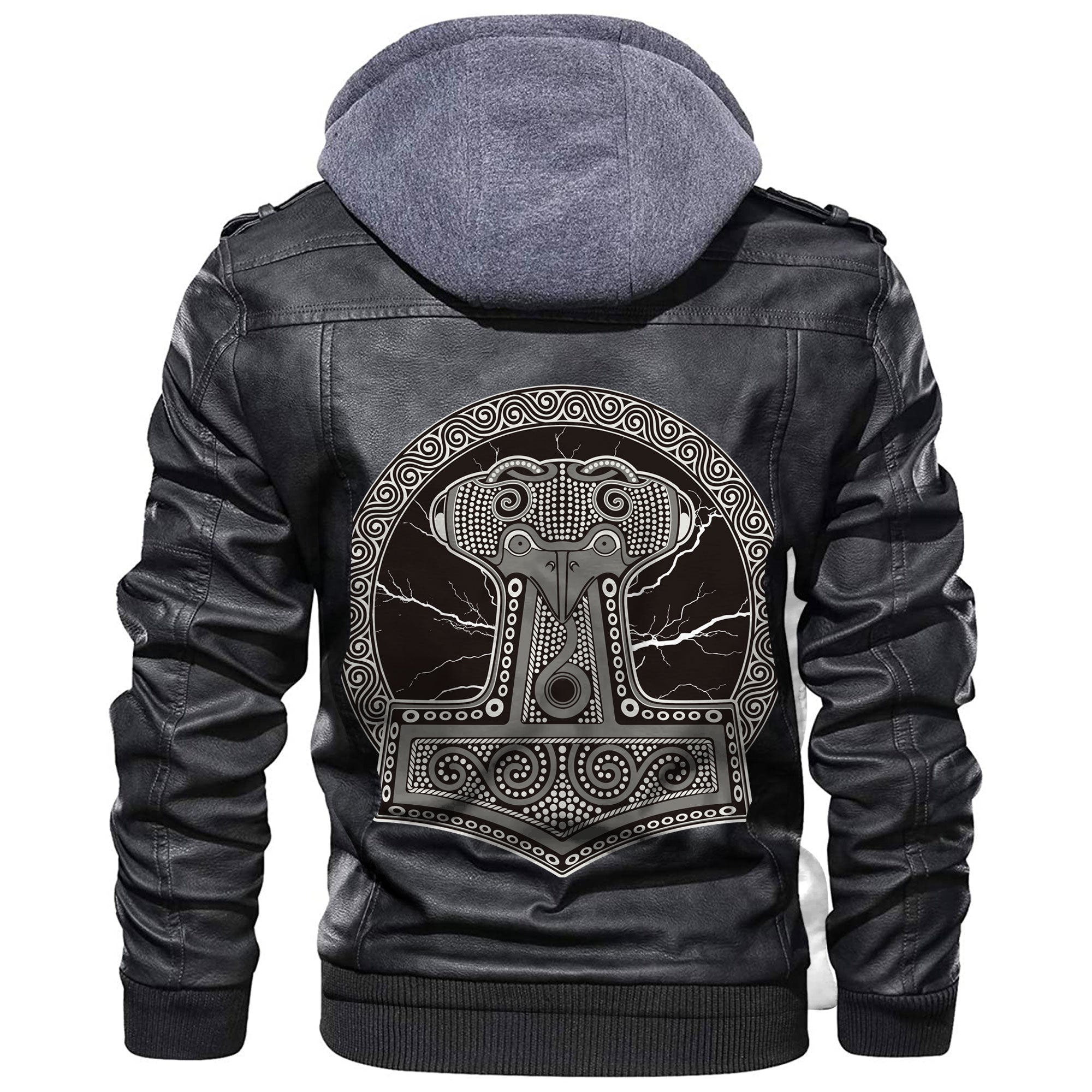 Viking Thor's Hammer Mjollnir Against The Backdrop Of The Glittering Lightning Leather Jacket RLT12 - Wonder Print Shop