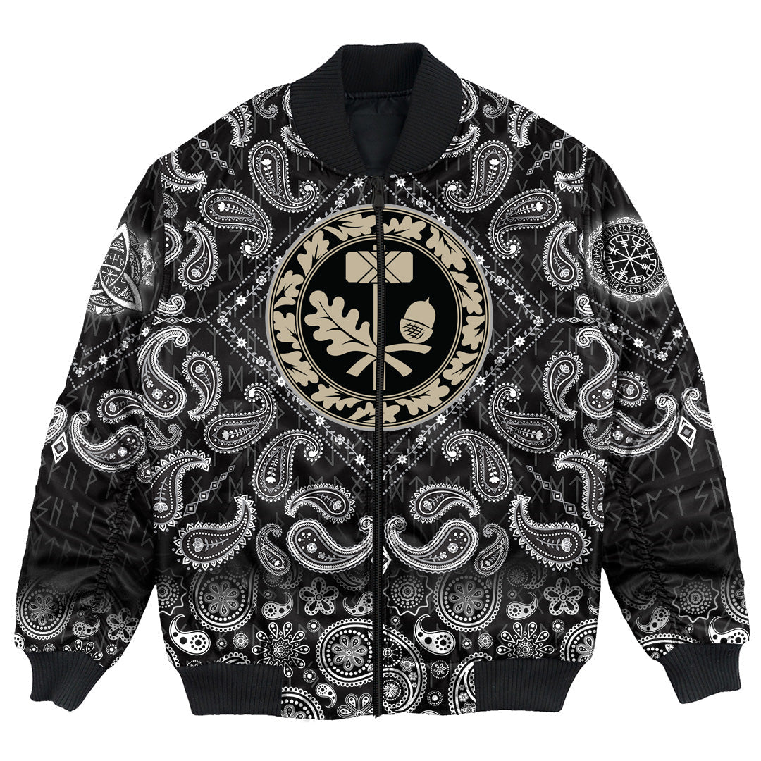 Viking Bomber Jacket Thors Hammer Mjolnir and The Scandinavian Oak Leaf Ornament with Bandana Paisley Style RLT12 - Wonder Print Shop