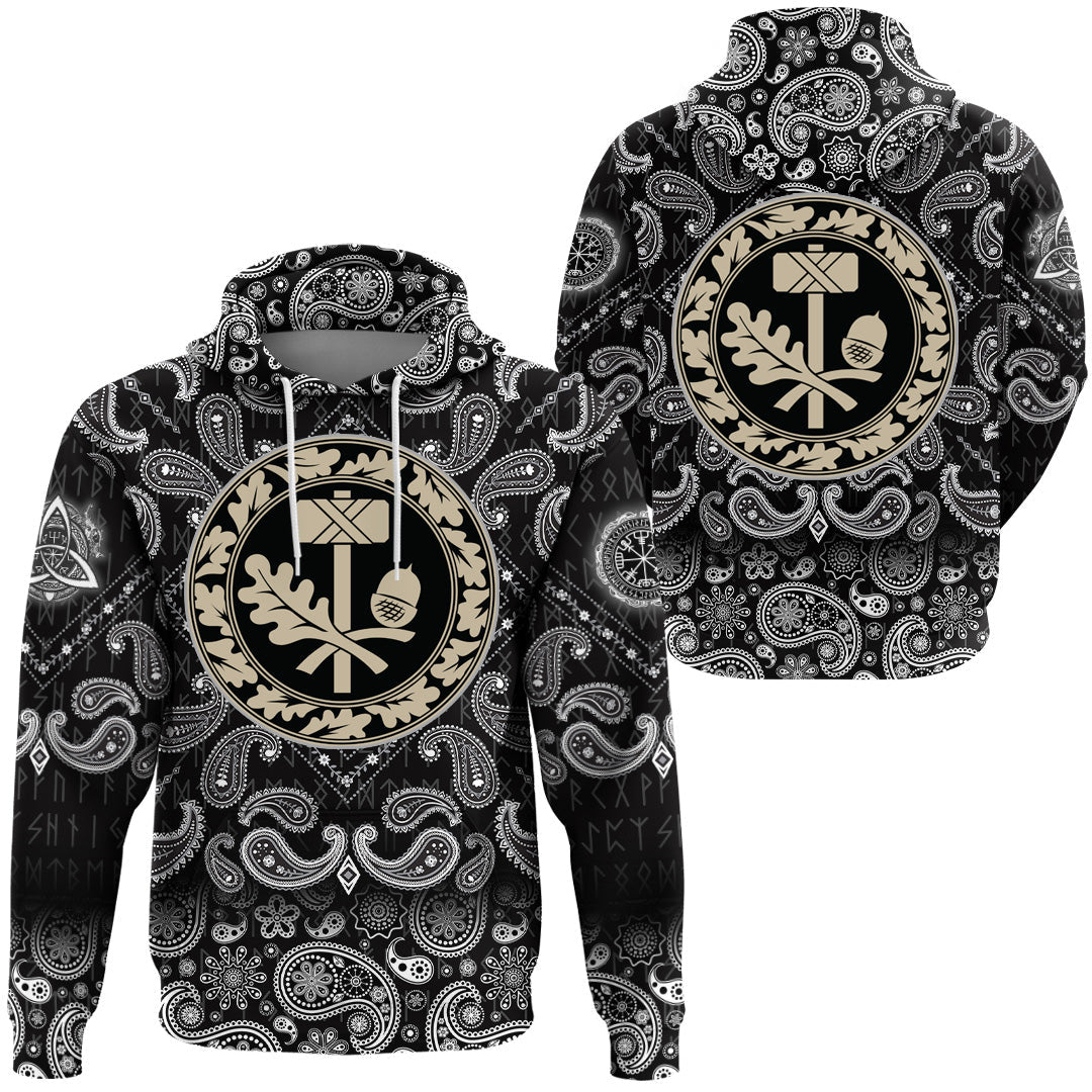 Viking Hoodie Thors Hammer Mjolnir and The Scandinavian Oak Leaf Ornament with Bandana Paisley Style RLT12 - Wonder Print Shop