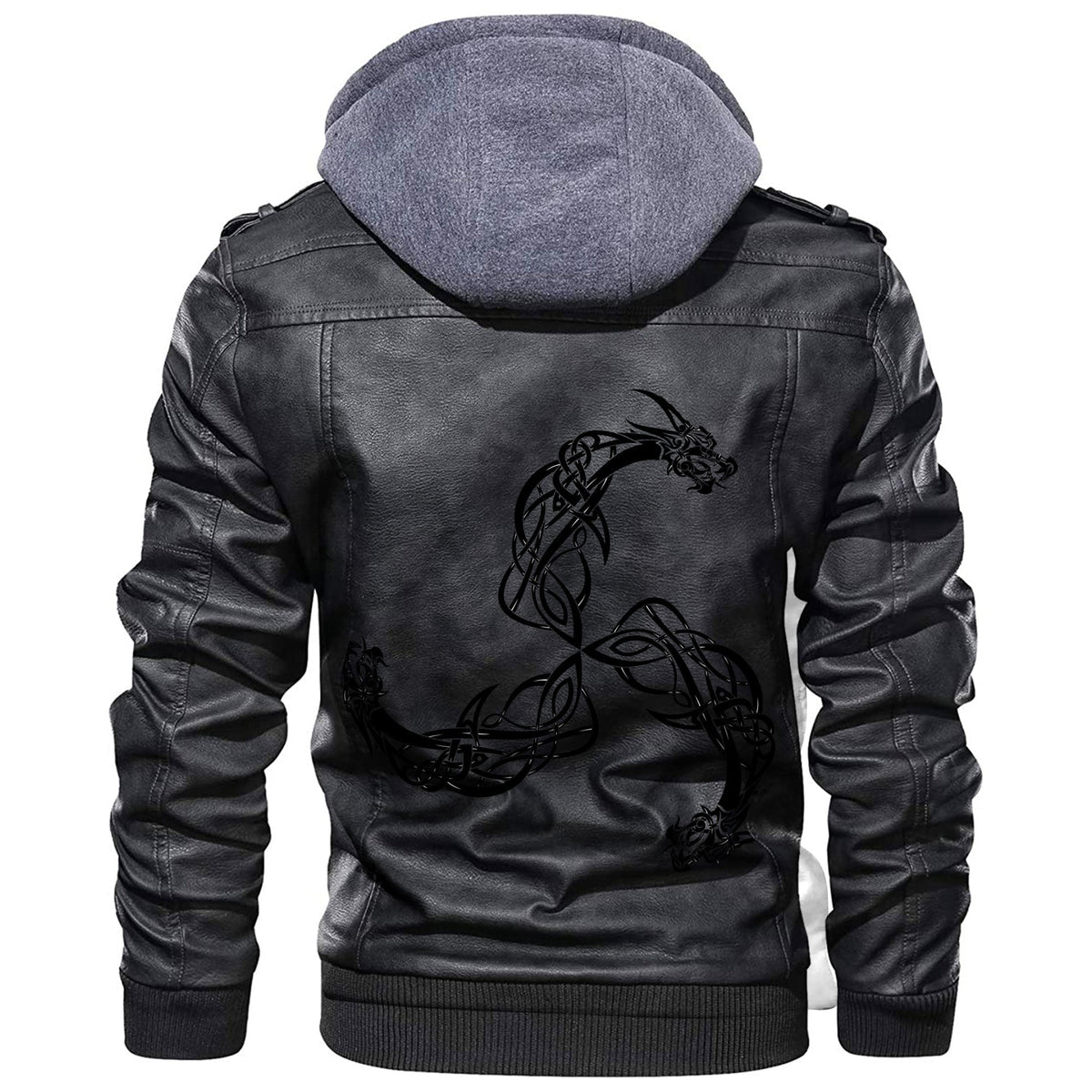 Black leather-style hoodie jacket, hooded back dragon graphic, zip front