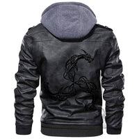 Black leather-style hoodie jacket, hooded back dragon graphic, zip front