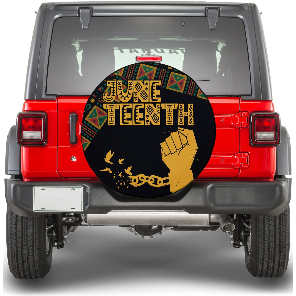 Juneteenth spare tire cover: black round tribal design with gold fist and colorful bands