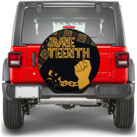 Juneteenth spare tire cover: black round tribal design with gold fist and colorful bands