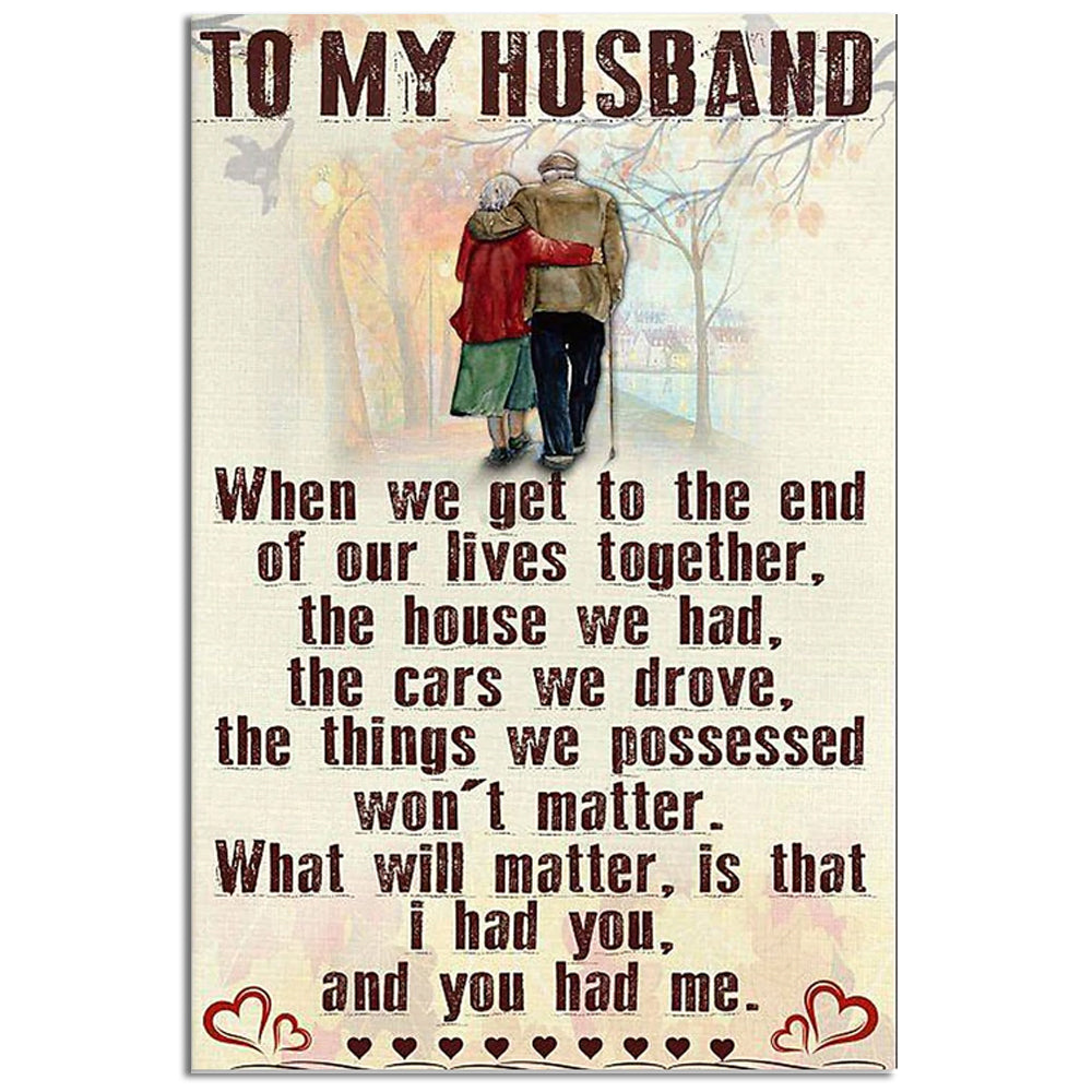 Vertical poster: couple hugging, 'To my husband' quote, hearts along bottom