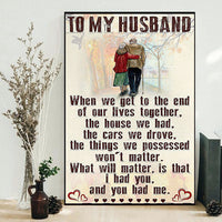 Vertical poster: couple hugging with 'To my husband' quote and heart accents