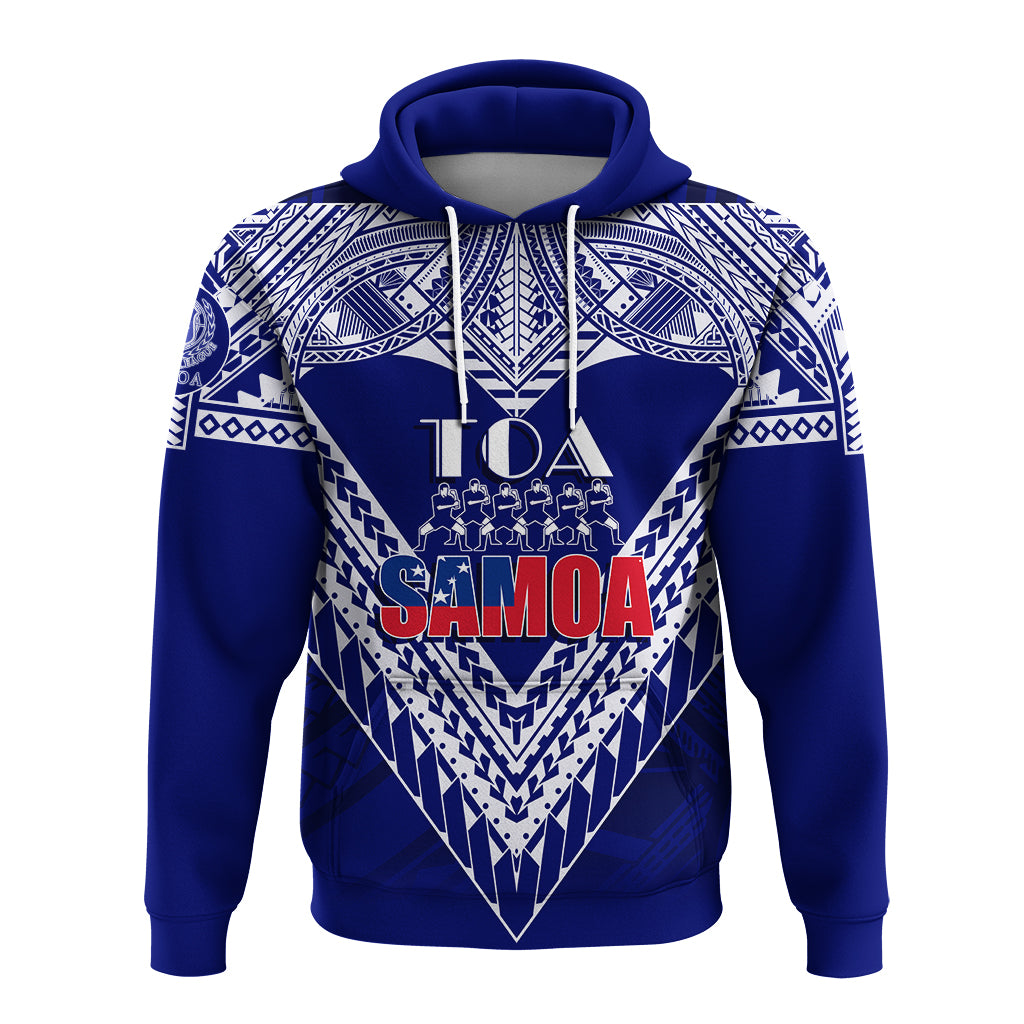 Blue pullover hoodie front with 'TOA SAMOA' print, white tribal pattern, hood & drawstrings