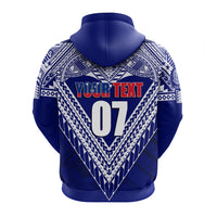Blue pullover hoodie back with 'YOUR TEXT 07' graphic and white tribal pattern, hood