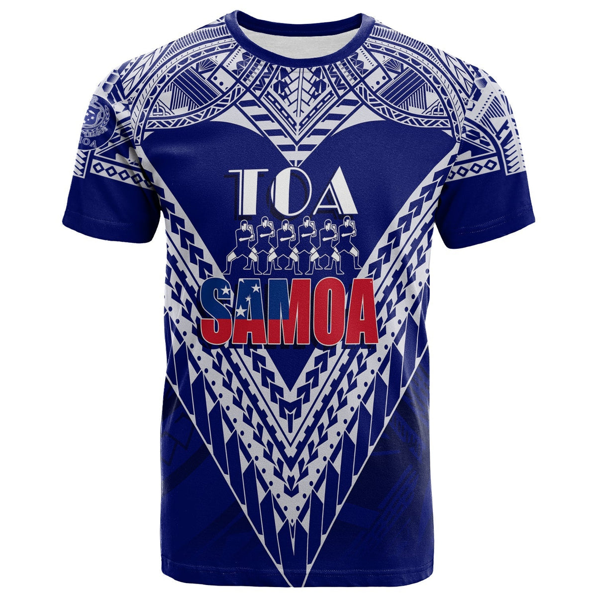 Blue T-shirt: white tribal pattern, TOA and SAMOA graphic