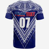 Blue T-shirt back: white tribal pattern, large 07 with YOURTEXT banner