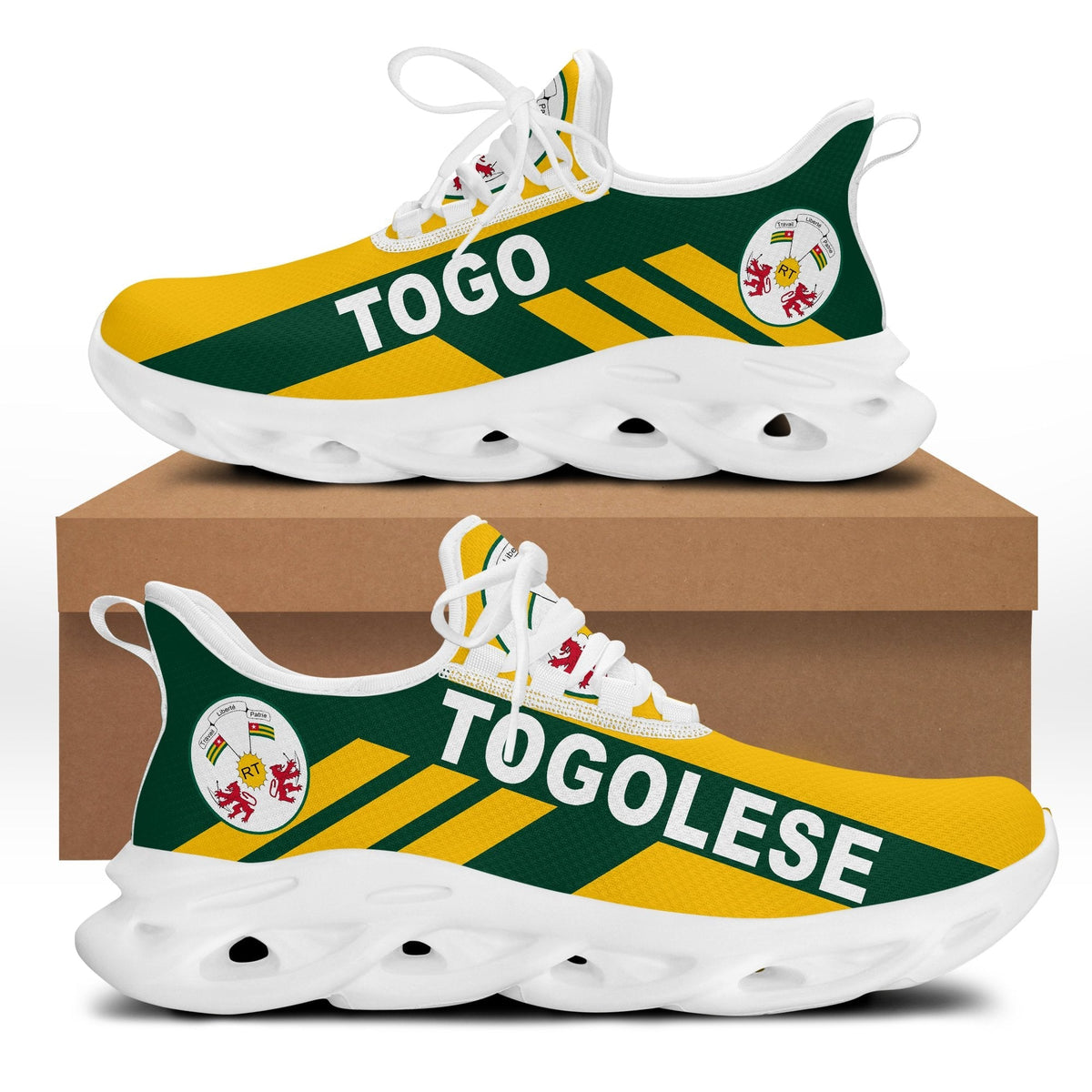 Green and yellow Togo stripe clunky sneakers, white laces, thick white sole