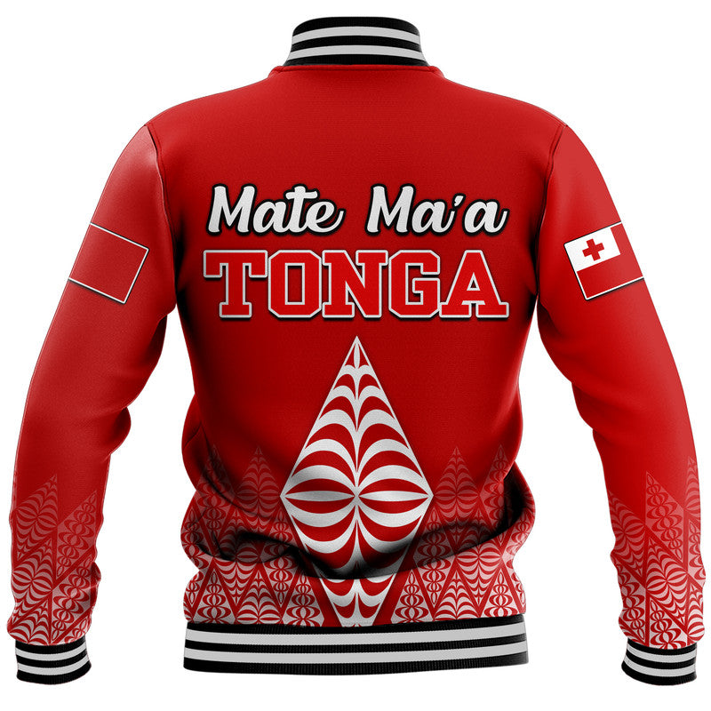 Back view red jacket with 'TONGA' graphic, white wave emblem, black rib hem and striped cuffs