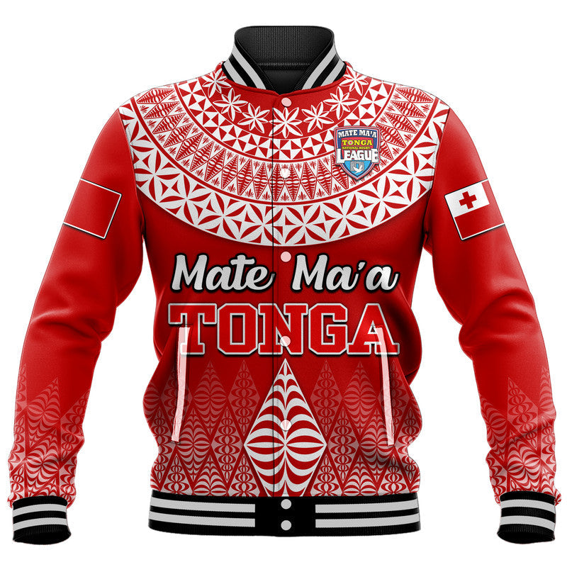Red rugby baseball jacket with white Tongan pattern, black collar, buttoned hem