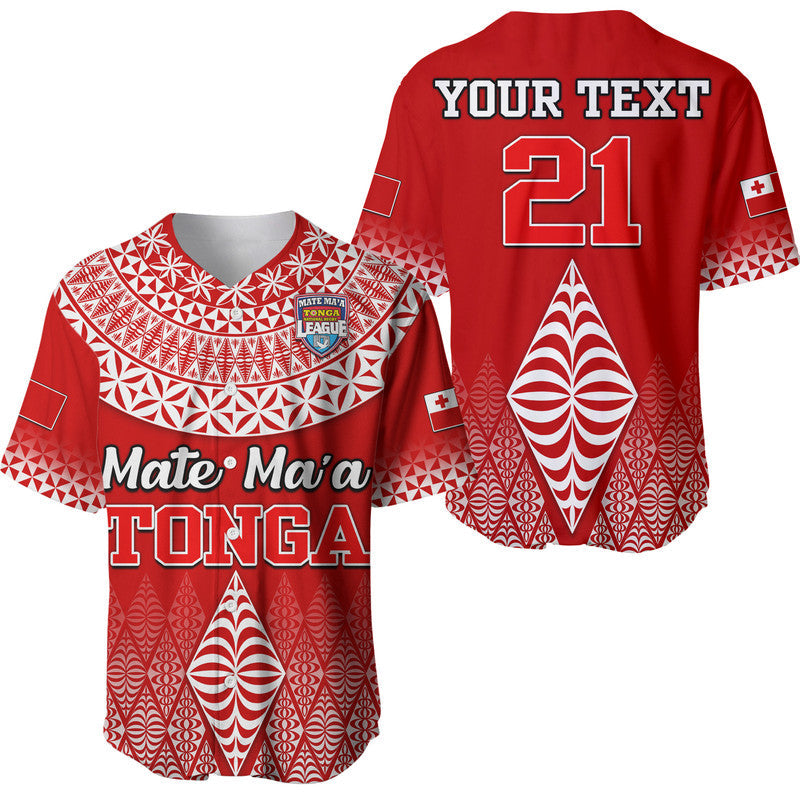 Red rugby baseball jersey with white Tongan-style pattern, front name and large back number 21