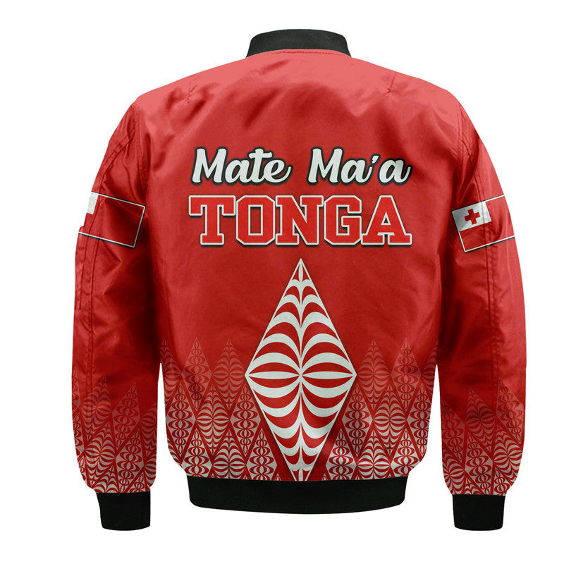 Red bomber jacket back with large 'TONGA' print, central emblem, black ribbed hem