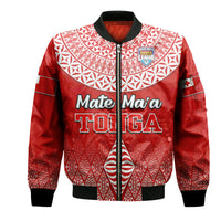 Red bomber jacket, Tongan-style patterns, zip front, black ribbed cuffs