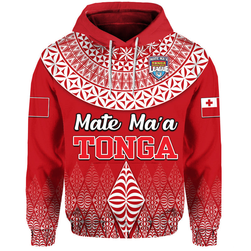 Red pullover hoodie with TONGA rugby-style front graphic and patterned hood