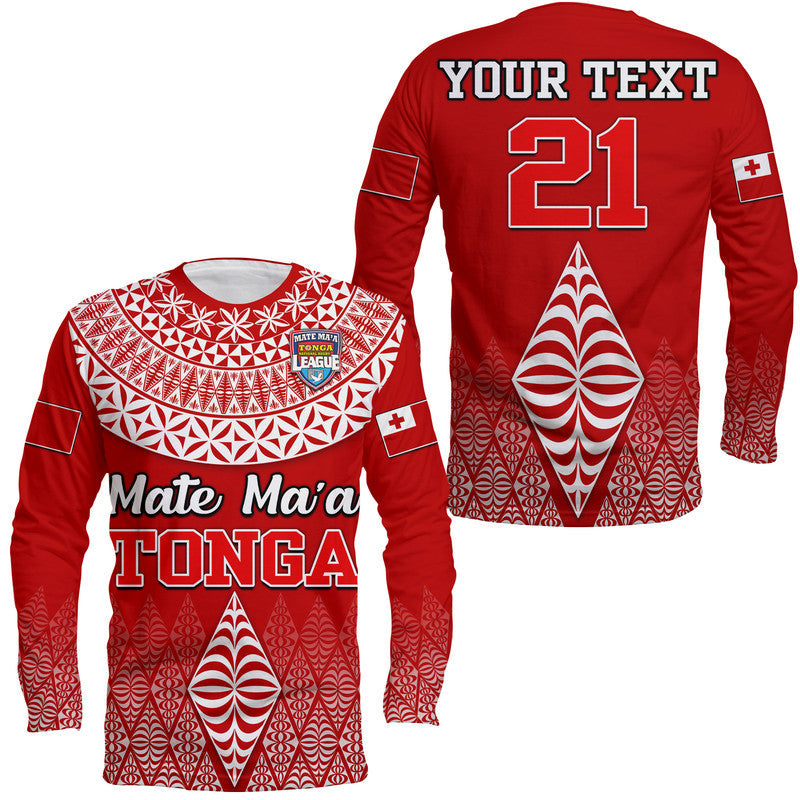 Red long sleeve rugby shirt with white Tongan kupesi pattern, front and back views