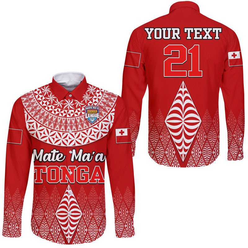 Red long-sleeve rugby button shirt with Tongan-style patterned graphic and collar