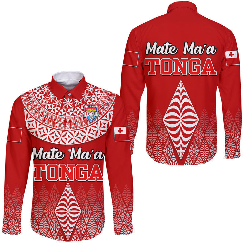 Red long sleeve rugby button shirt with Tongan Kupesi-inspired graphic, front and back