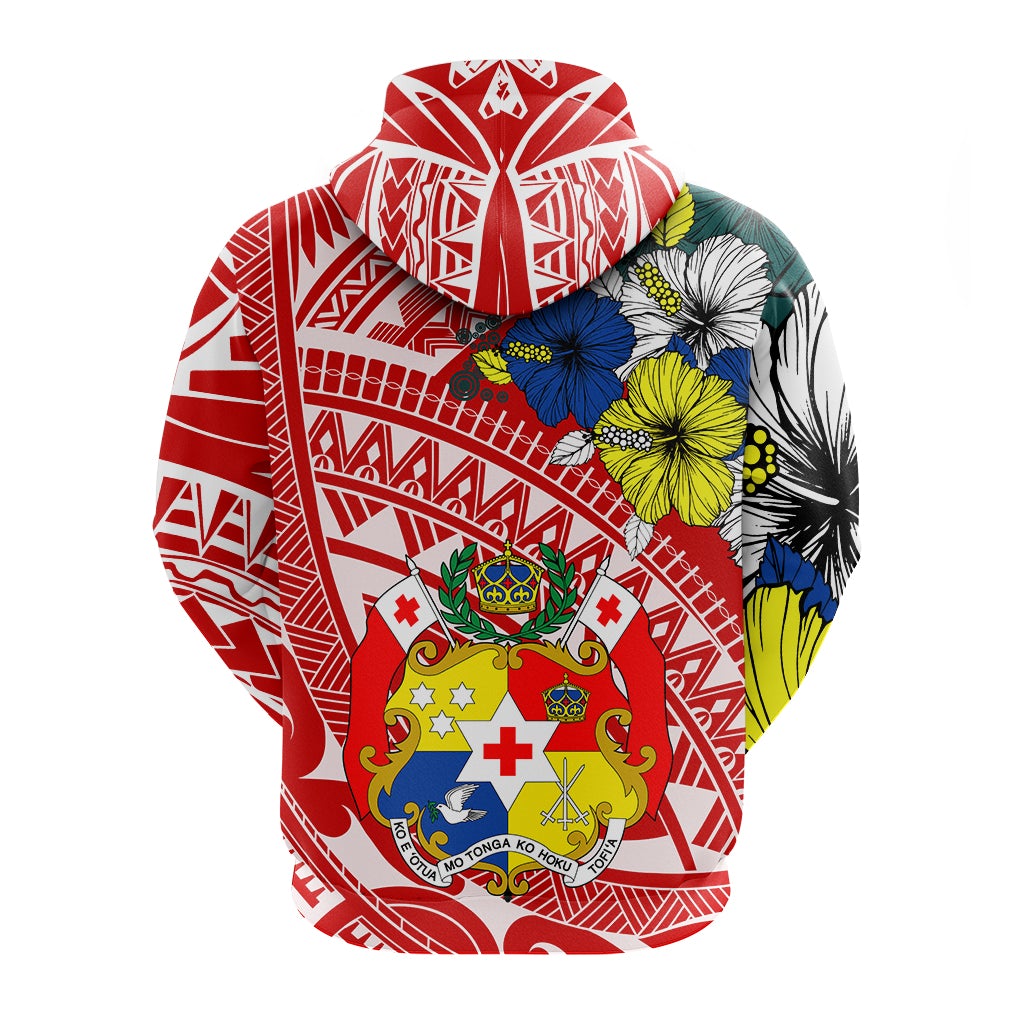 Red hooded pullover with Tonga crest graphic and Polynesian geometric pattern, blue yellow flowers