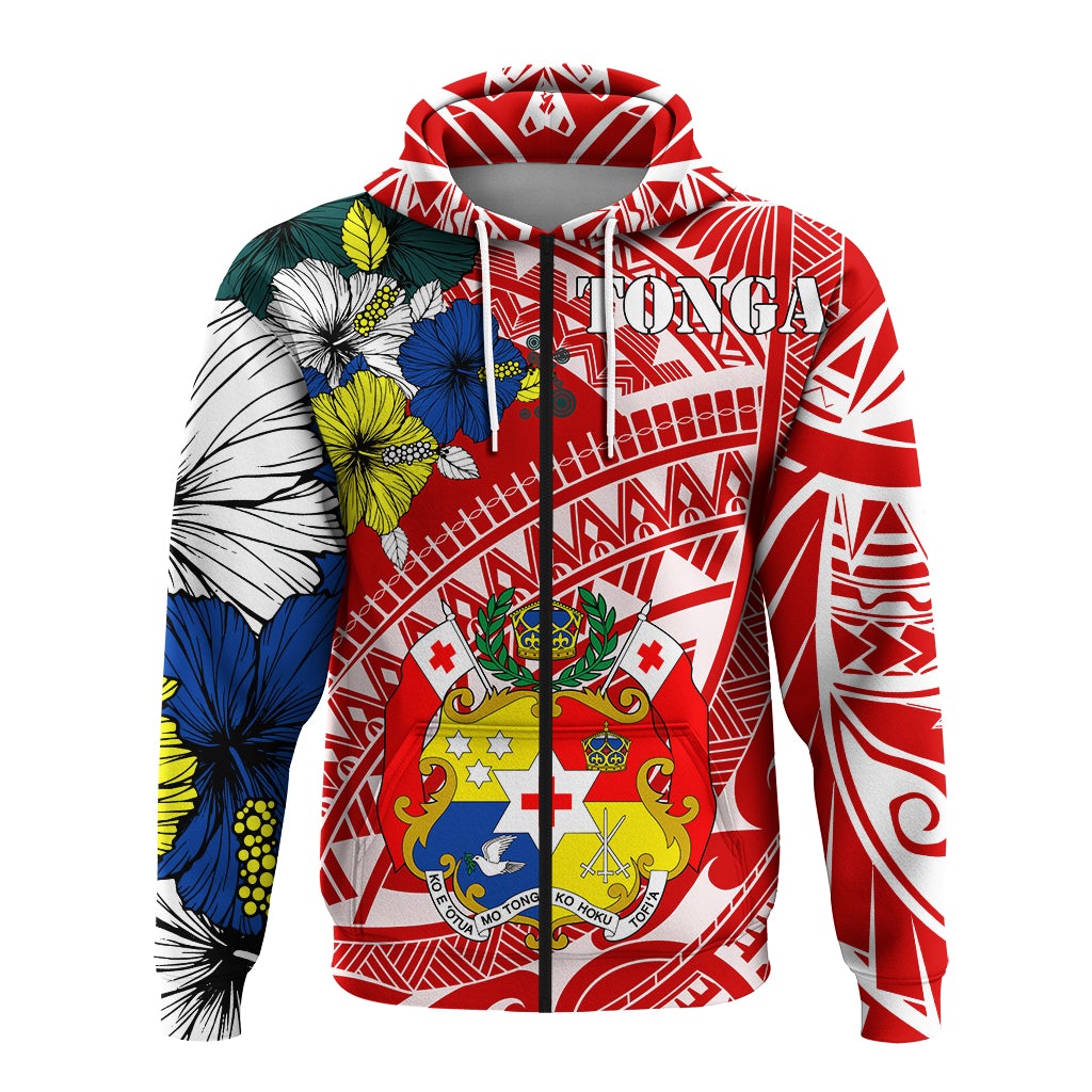 Red Tonga zip hoodie, front zipper and hood; geometric pattern with large crest badge