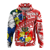 Red Tonga zip hoodie, front zipper and hood; geometric pattern with large crest badge
