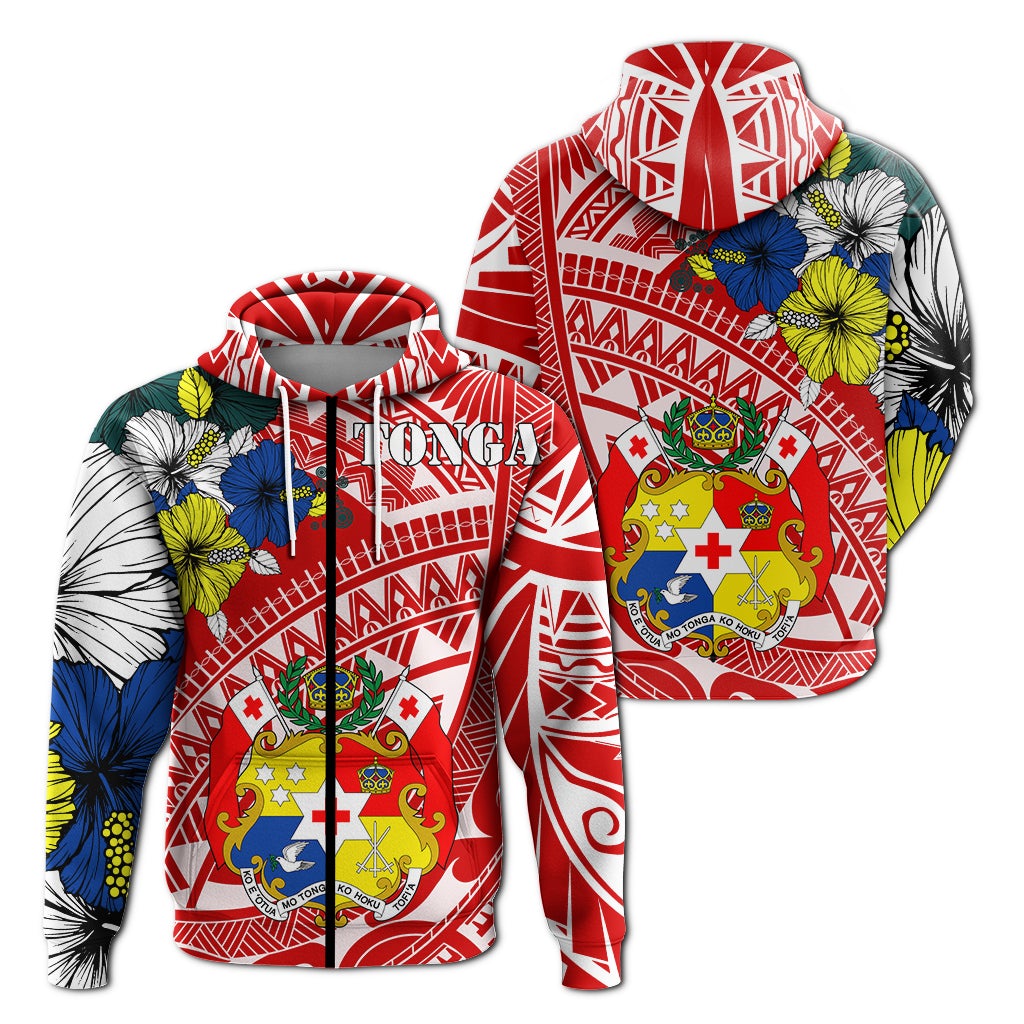 Red zip-up hoodie with Tonga Polynesian pattern, floral accents and crest on front