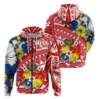 Red zip-up hoodie with Tonga Polynesian pattern, floral accents and crest on front