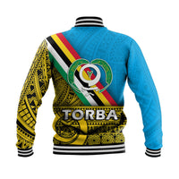 Torba day baseball jacket back view, blue body with ribbed cuffs and large crest graphic