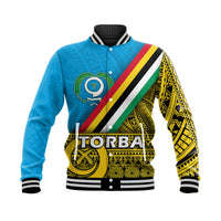 Torba day baseball jacket in blue with ribbed collar, front graphic and stripes