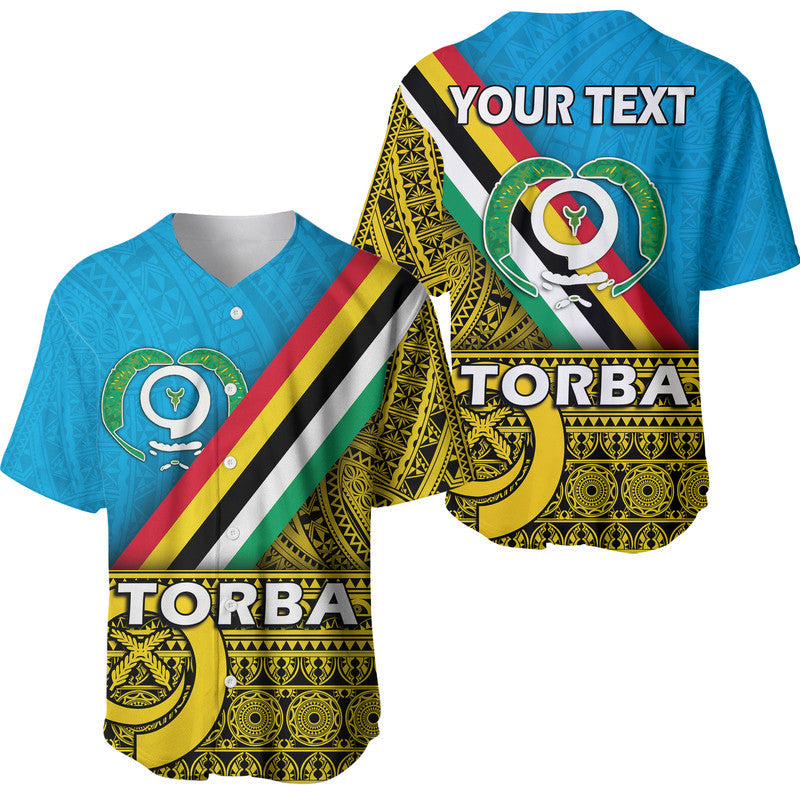 Blue baseball jersey with Torba crest, diagonal flag stripe, and 'TORBA' text