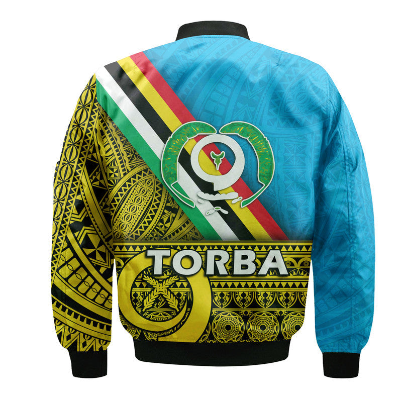 Torba Province day bomber jacket, blue back with To rba stripe and emblem print