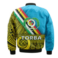 Torba Province day bomber jacket, blue back with To rba stripe and emblem print