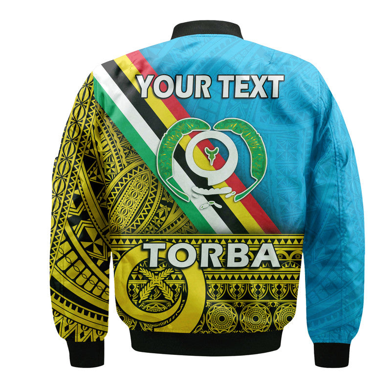 Blue bomber jacket back with Torba graphic and “YOUR TEXT” text area; ribbed cuffs