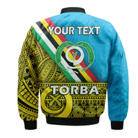 Blue bomber jacket back with Torba graphic and “YOUR TEXT” text area; ribbed cuffs