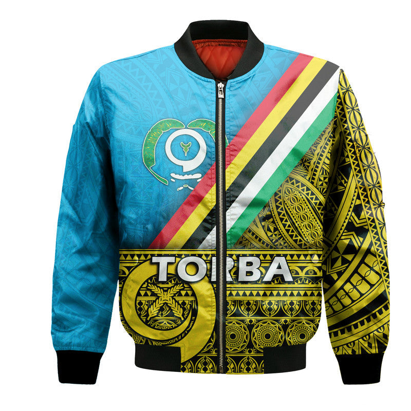 Torba Province day bomber jacket, blue with multicolor flag graphic front, zip