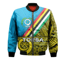 Torba Province day bomber jacket, blue with multicolor flag graphic front, zip