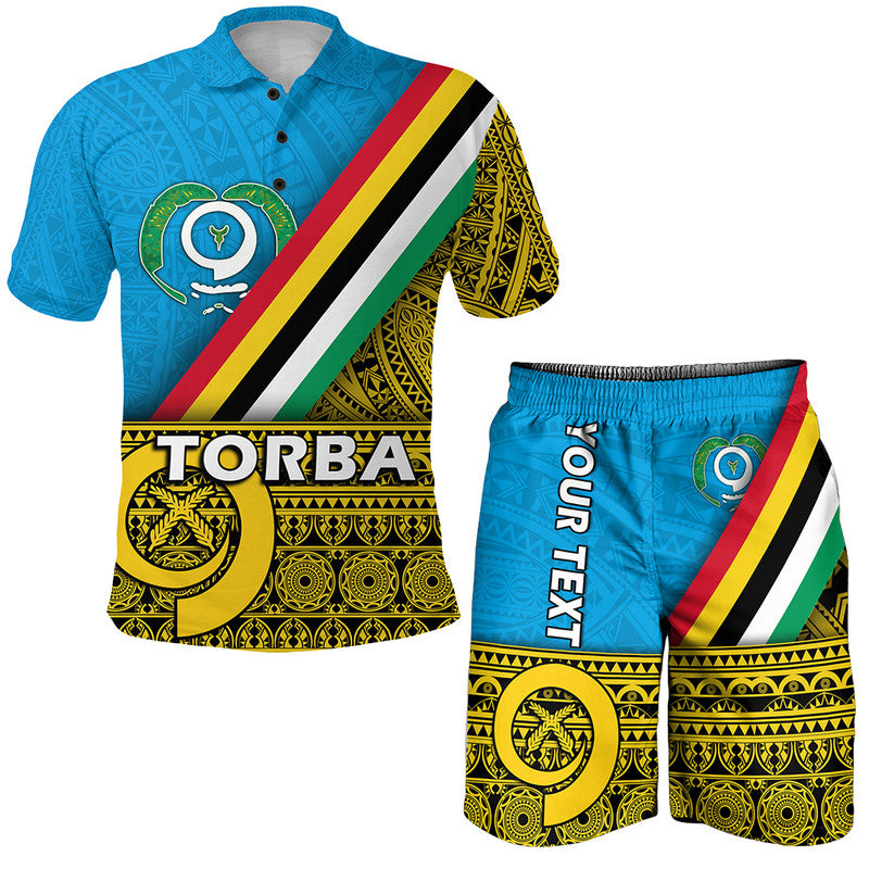 Blue Torba province polo shirt and matching swim shorts set, front logo and graphic