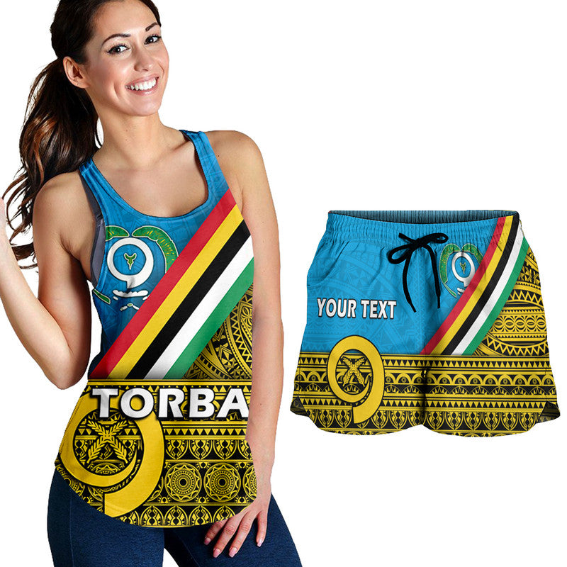 Women’s racerback tank and shorts set with Torba Province flag graphic, blue/yellow accents