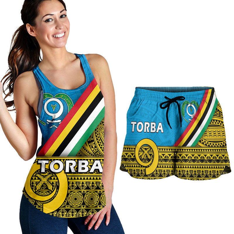 Women’s racerback tank and short set with blue patterned print and multicolor stripe