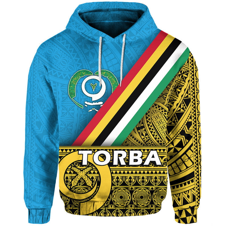Blue pullover hoodie with drawstring hood and Torba flag graphic panel on front