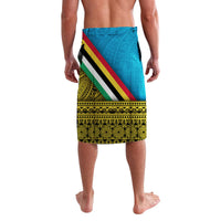 Lavalava sarong skirt with Torba flag print, blue front, diagonal yellow and red stripes