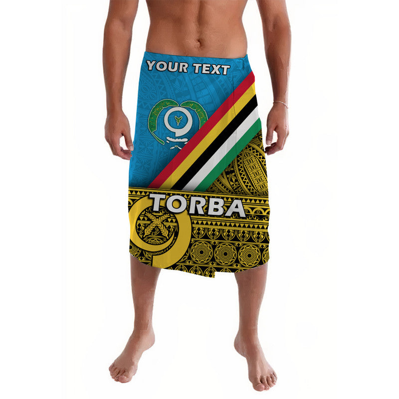 Torba-pattern lavalava sarong, blue with yellow/green stripes; text panel 'YOUR TEXT'.
