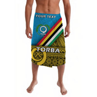Torba-pattern lavalava sarong, blue with yellow/green stripes; text panel 'YOUR TEXT'.