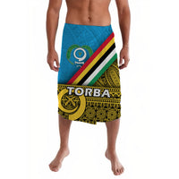 Lavalava sarong skirt with Torba flag print, blue background, yellow green black stripes