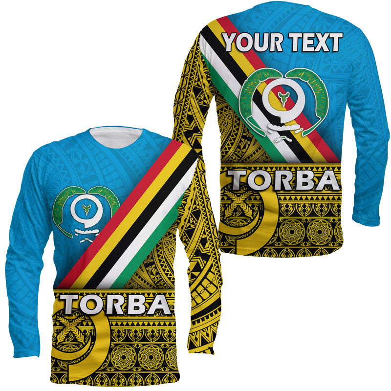 Blue long-sleeve shirt with Torba graphic, flag stripes, and emblem