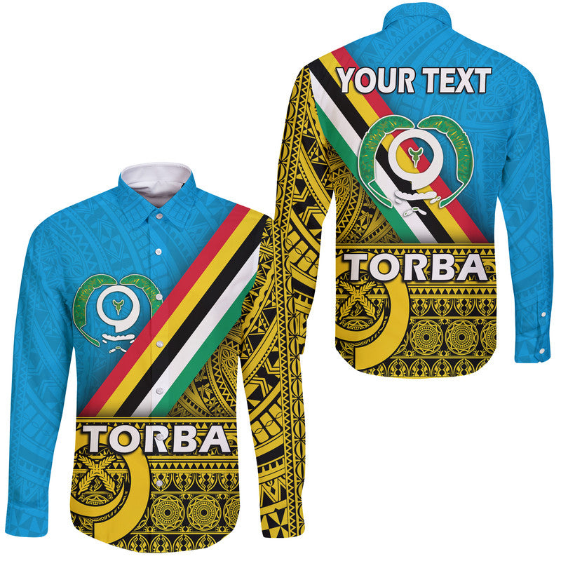 Long-sleeve button shirt with hood, blue with Torba graphic and flag stripes