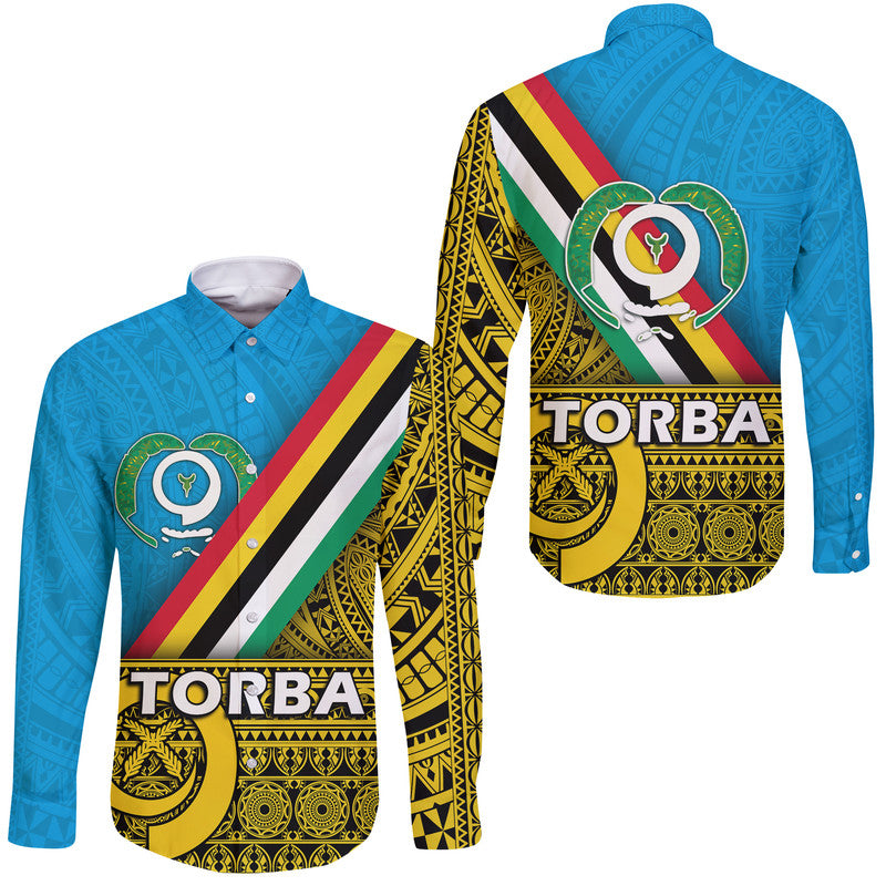 Unisex long sleeve button shirt with blue and yellow Torba graphic