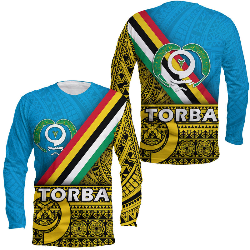 Turquoise long-sleeve shirt with Torba emblem and Vanuatu-style flag stripe graphic